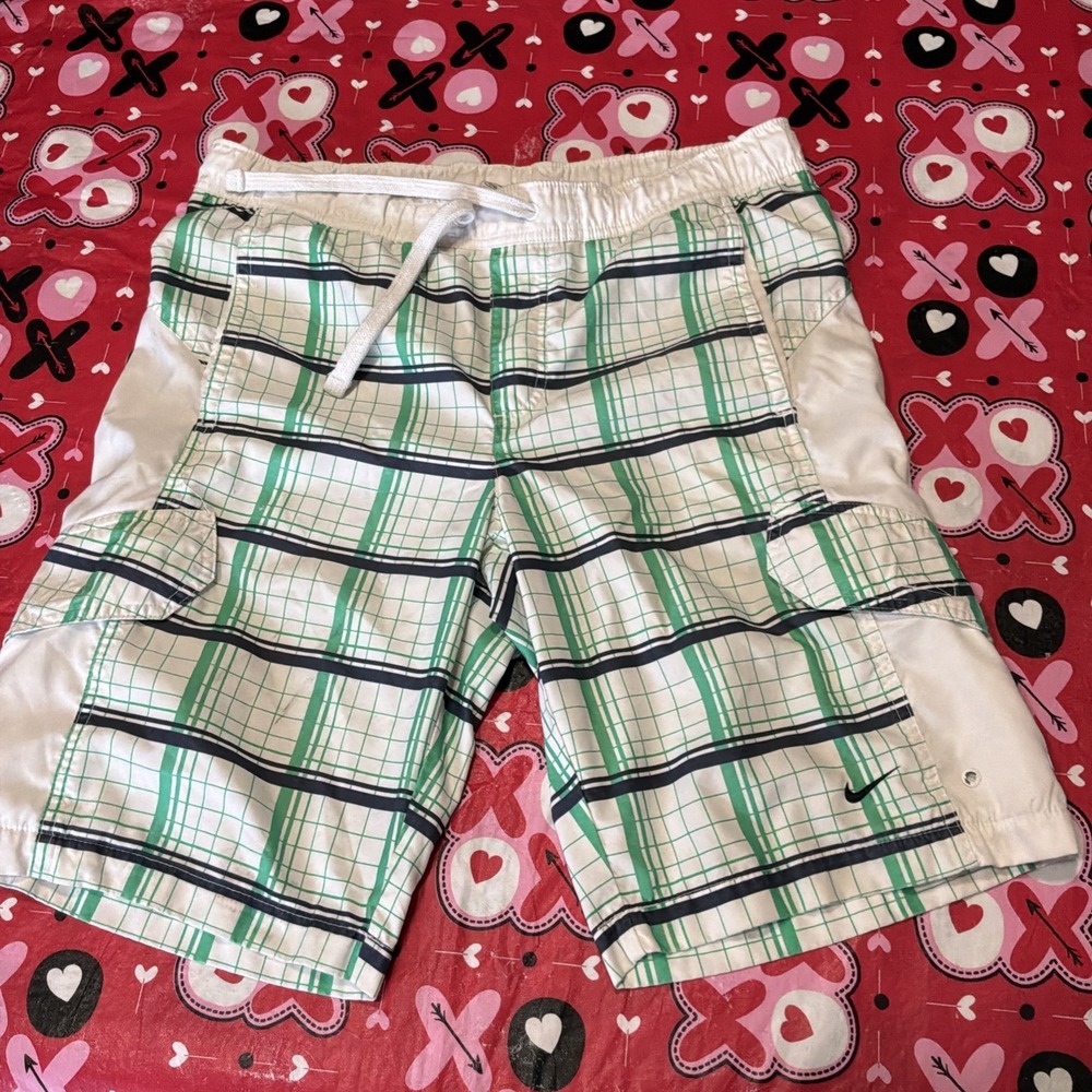 Nike Boardshorts‎ Mens Small Elastic Drawstring Plaid Cargo Pockets Swim Trunk